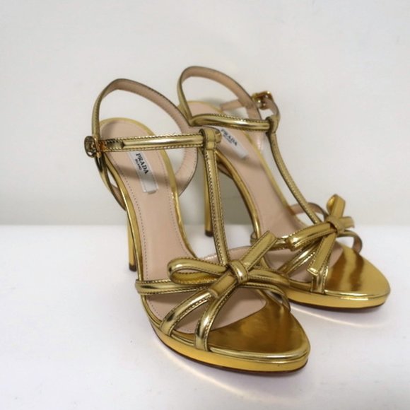Prada Bow Sandals Gold Metallic Leather Size 39 - Picture 3 of 12